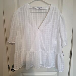 White Puff Sleeve Wrap Peplum Blouse